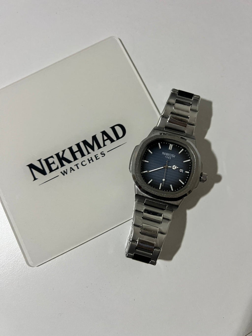 NIBOSI Mens Square Watch — Blue Dial — Silver Stainless Steel — Business Luxury