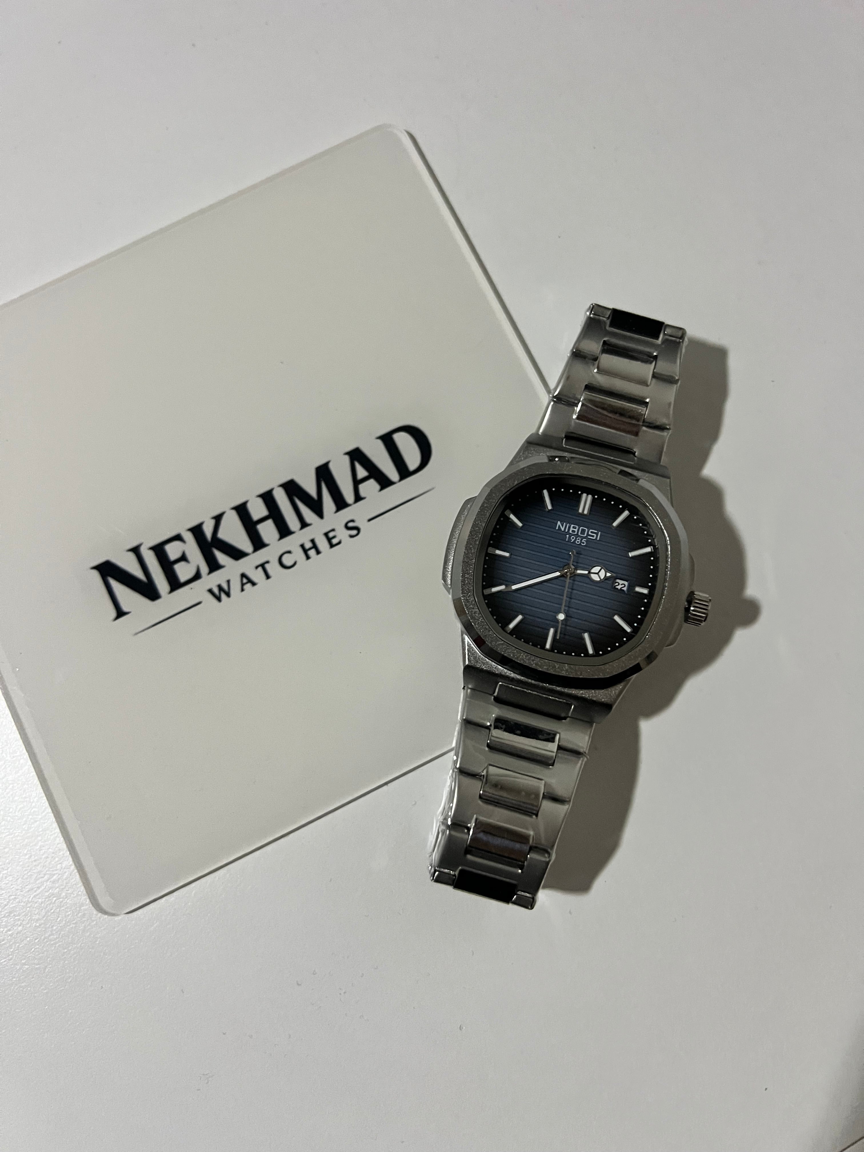 NIBOSI Mens Square Watch — Blue Dial — Silver Stainless Steel — Business Luxury