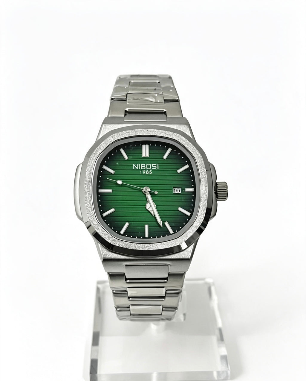NIBOSI MENS BUSINESS WATCH - SILVER/ FOREST GREEN