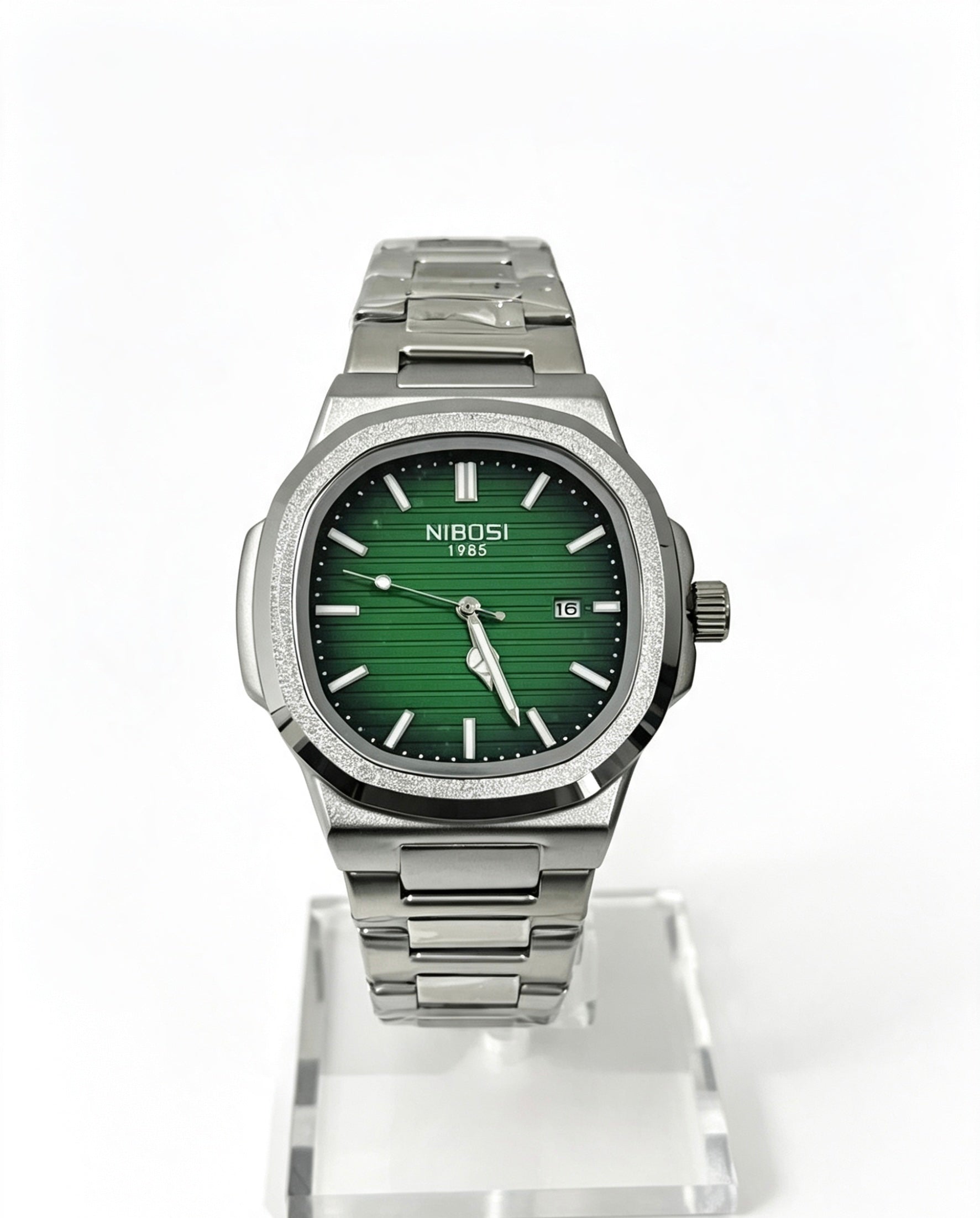 NIBOSI MENS BUSINESS WATCH - SILVER/ FOREST GREEN