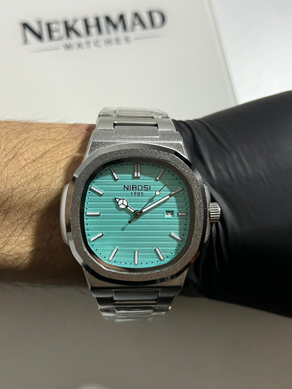 NIBOSI Mens Square Watch — Light Blue Mint Dial — Stainless Steel — Trendy Luxury