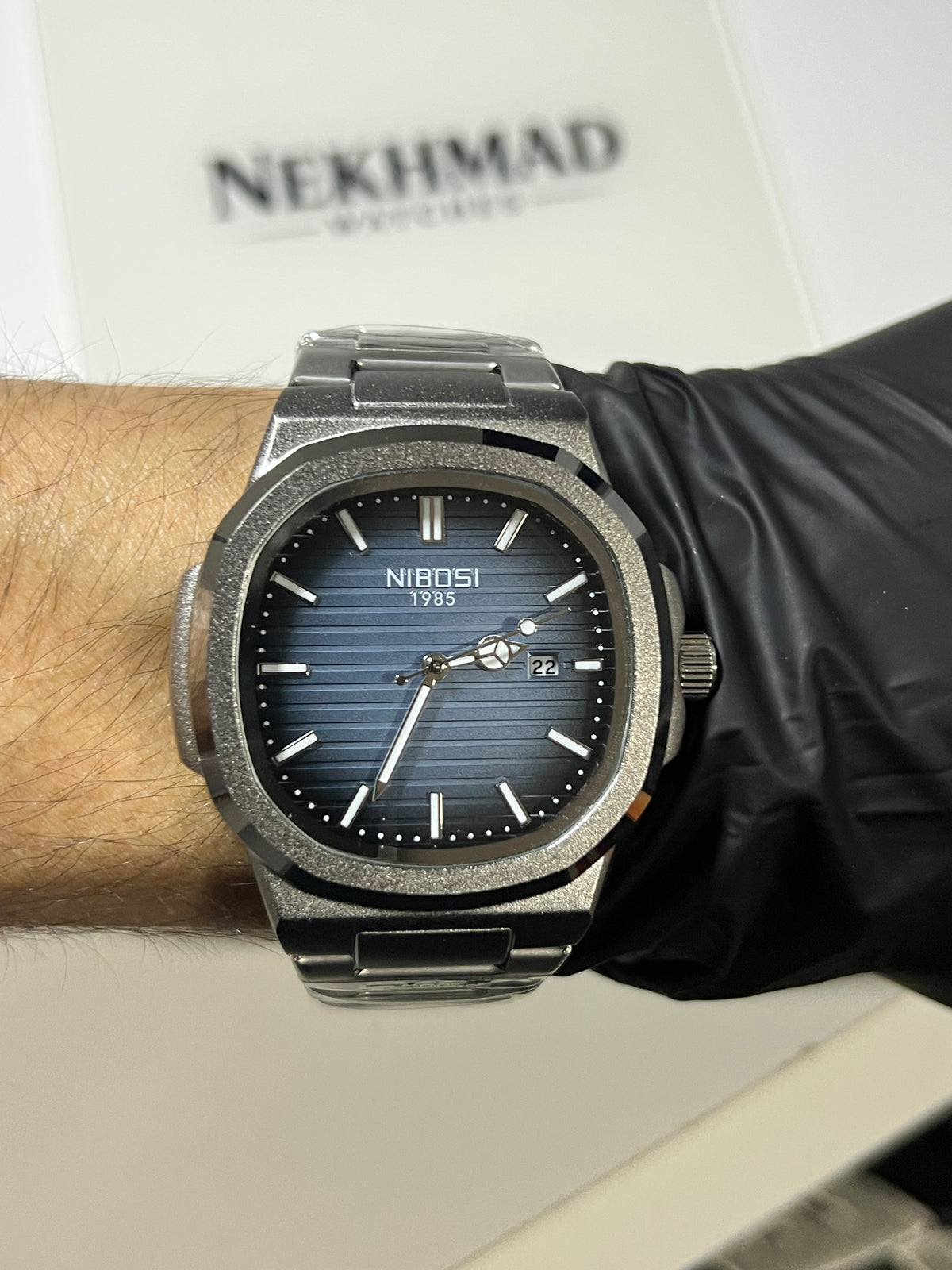 NIBOSI Mens Square Watch — Blue Dial — Silver Stainless Steel — Business Luxury