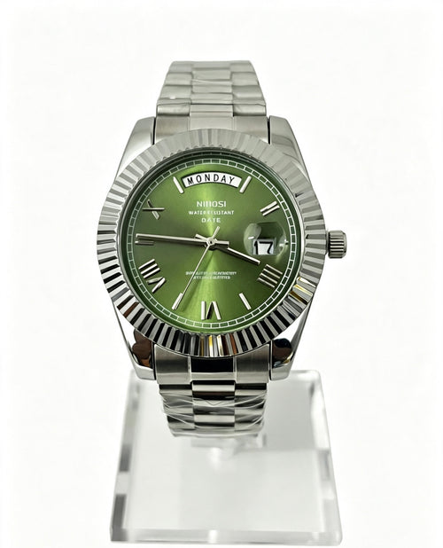 NIBOSI Mens Day-Date Watch — Olive Green Dial — Fluted Bezel — Stainless Steel