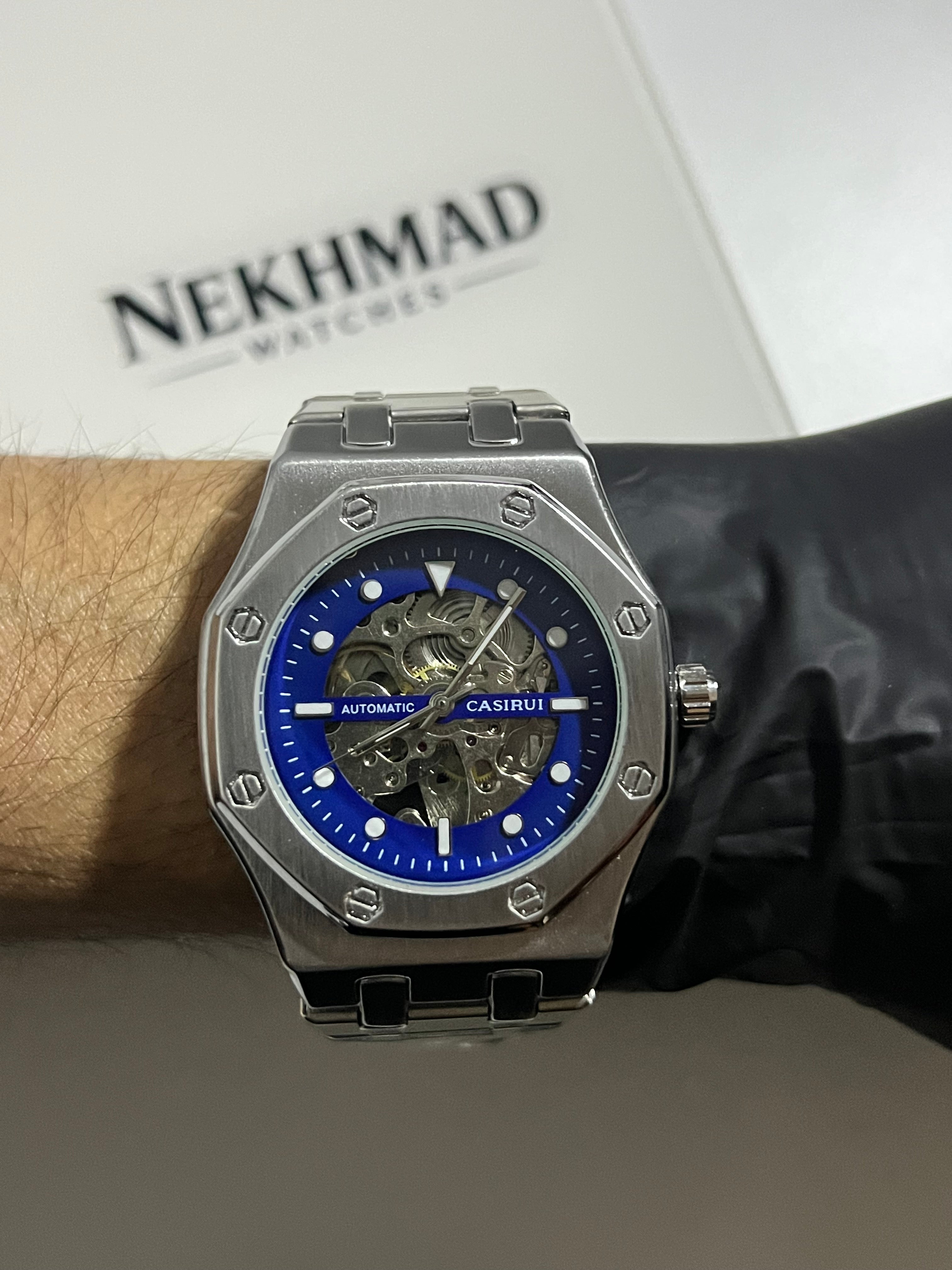 CASIRUI Mens Skeleton Watch — Blue Dial — Automatic Mechanical — Stainless Steel