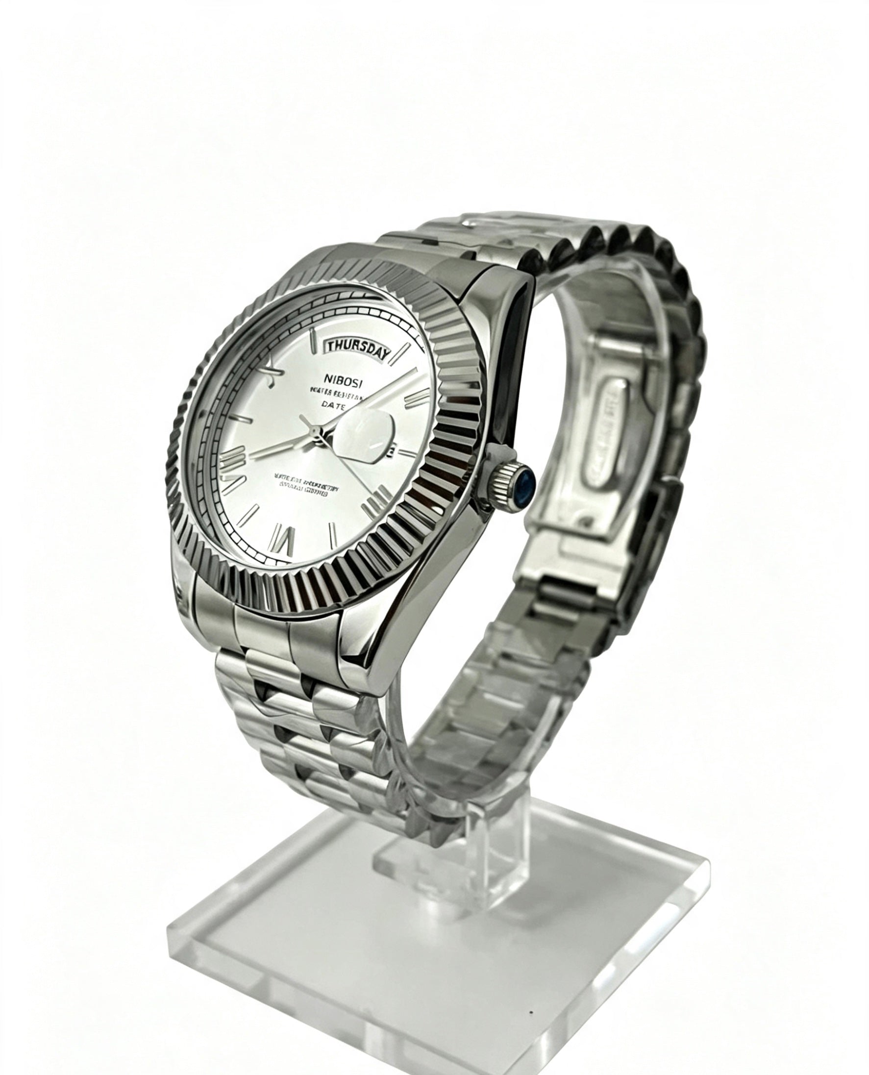 NIBOSI MENS DAY DATE WATCH - SILVER