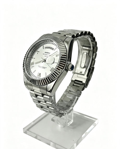 NIBOSI Mens Day-Date Watch — Silver Dial — Fluted Bezel — Stainless Steel