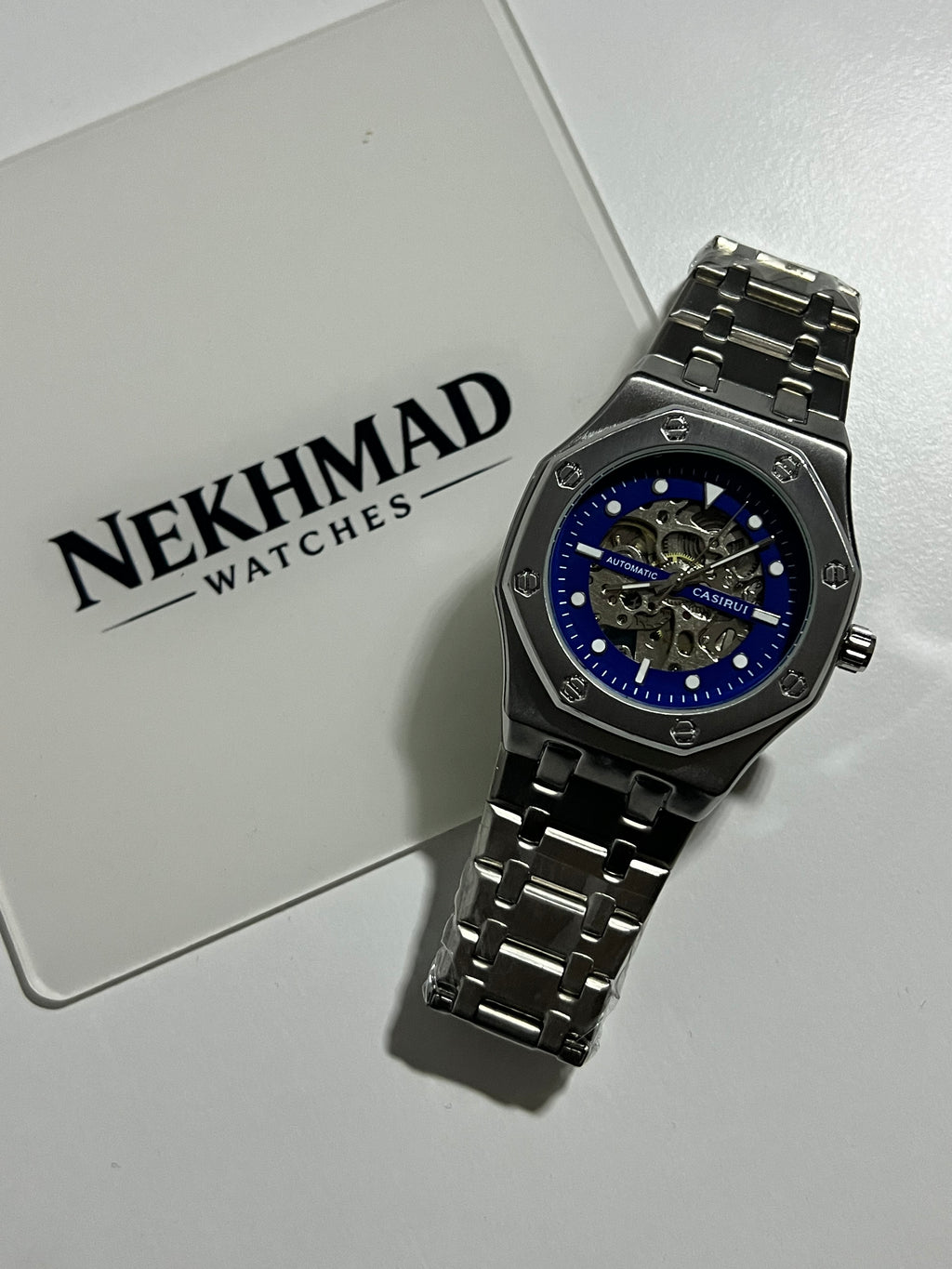 CASIRUI Mens Skeleton Watch — Blue Dial — Automatic Mechanical — Stainless Steel