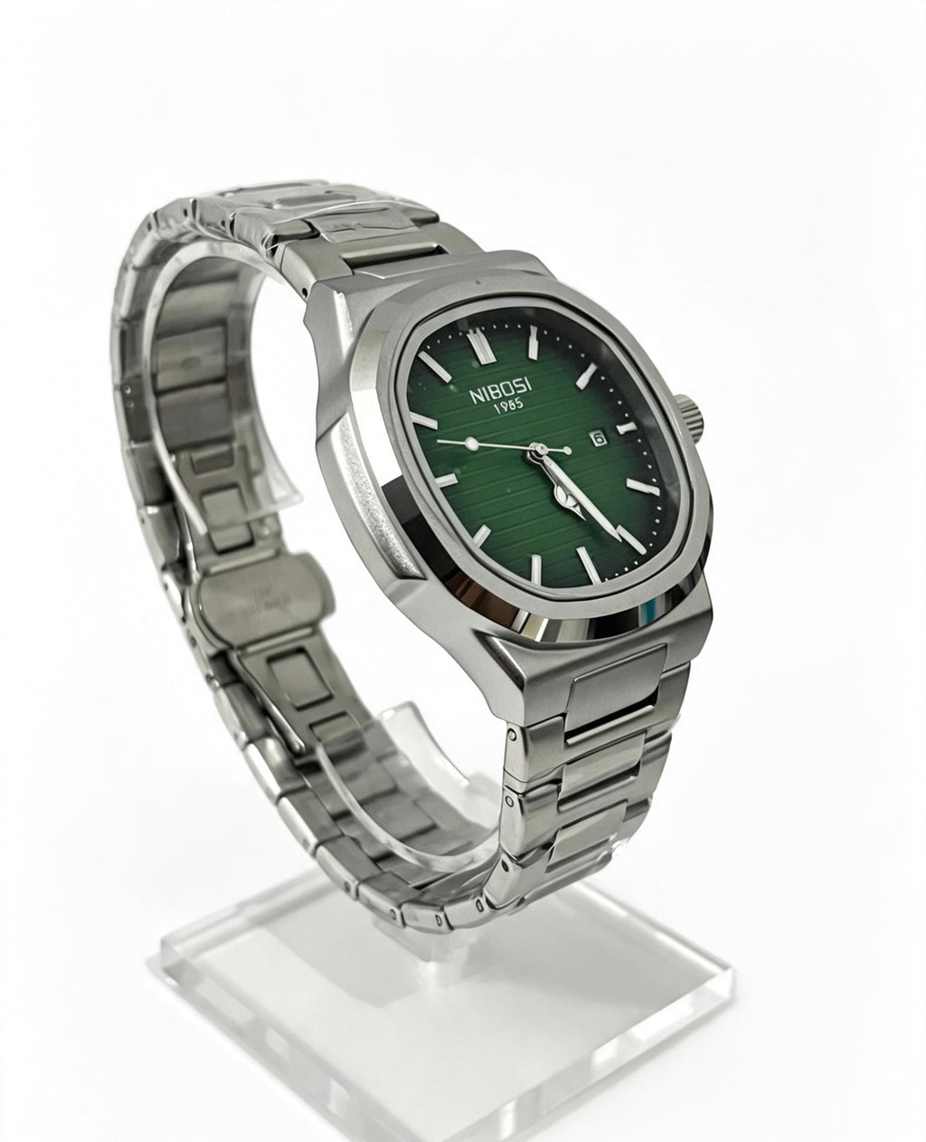 NIBOSI MENS BUSINESS WATCH - SILVER/ FOREST GREEN