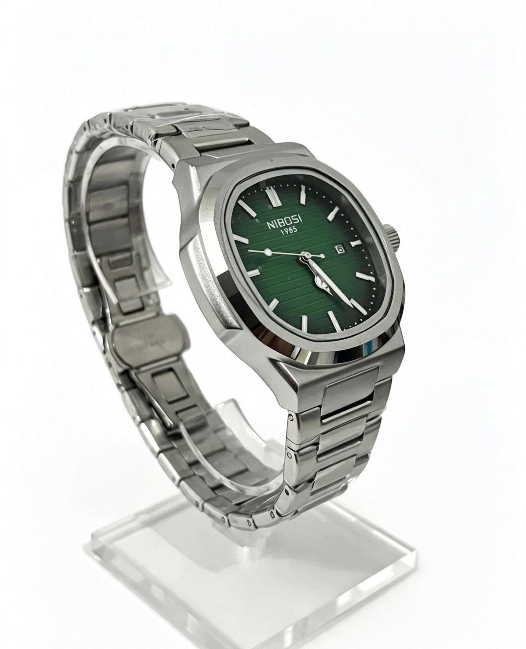 NIBOSI MENS BUSINESS WATCH - SILVER/ FOREST GREEN
