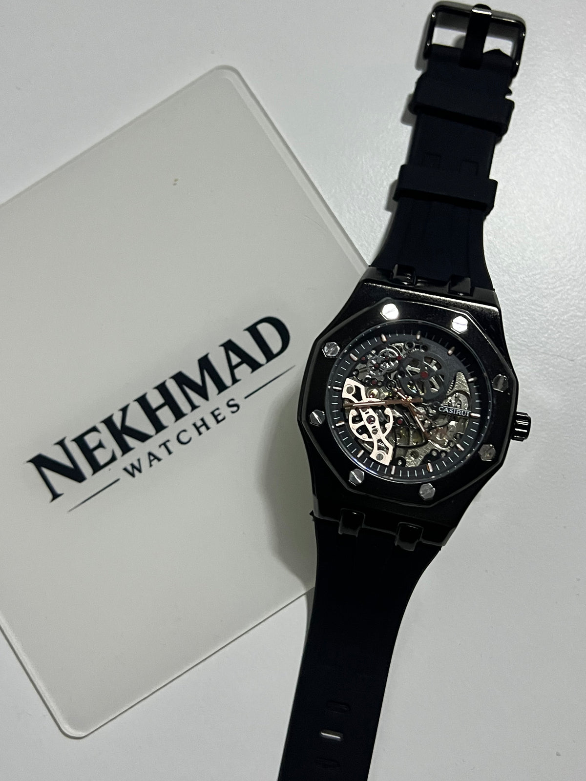 CASIRUI Mens Skeleton Watch — All Black — Rubber Strap — Automatic Mechanical