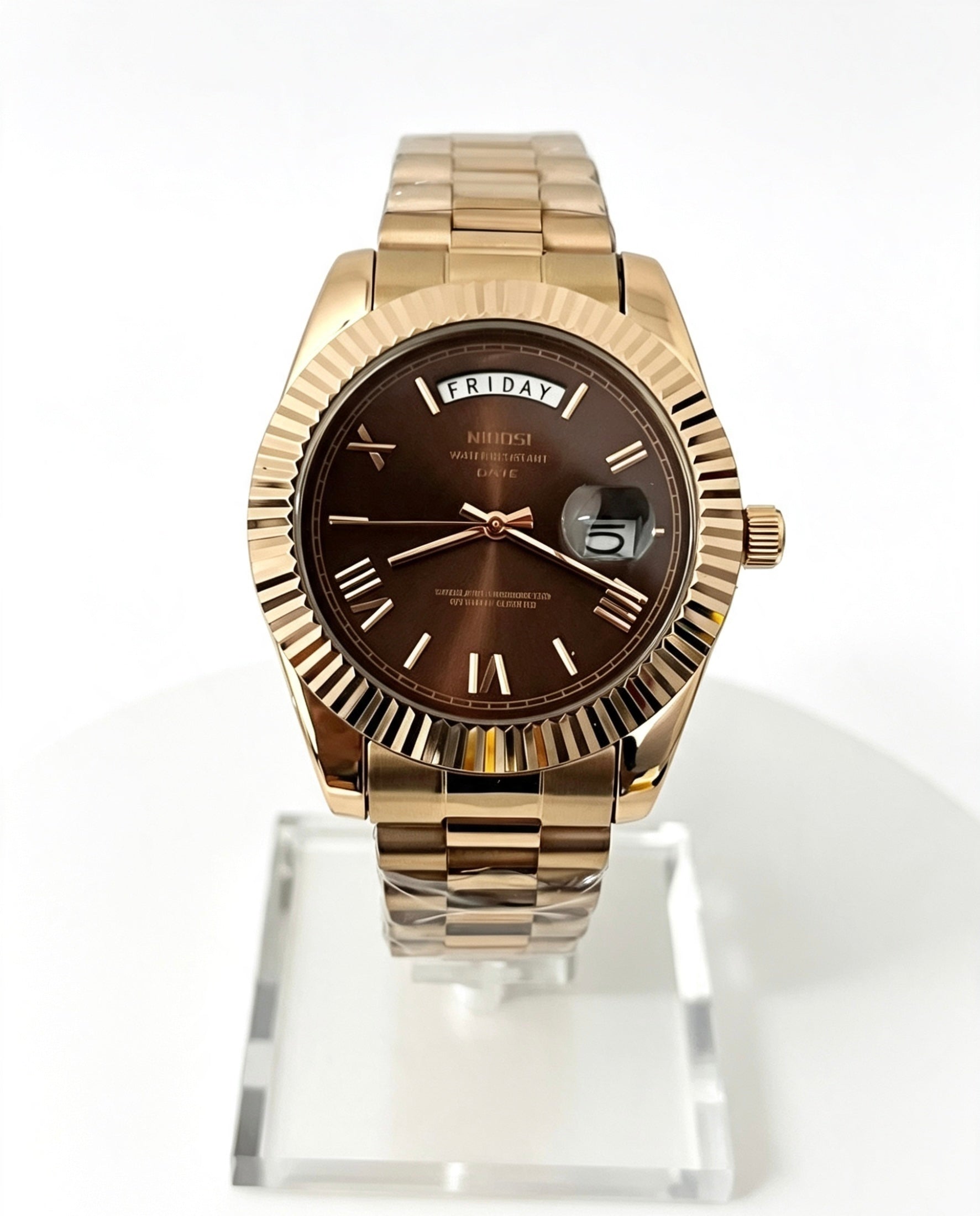 NIBOSI MENS DAY DATE WATCH - ROSE GOLD/CHOCOLATE BROWN