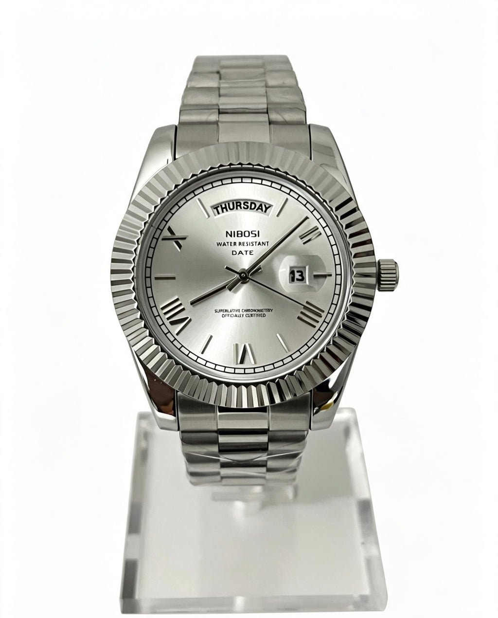 NIBOSI MENS DAY DATE WATCH - SILVER