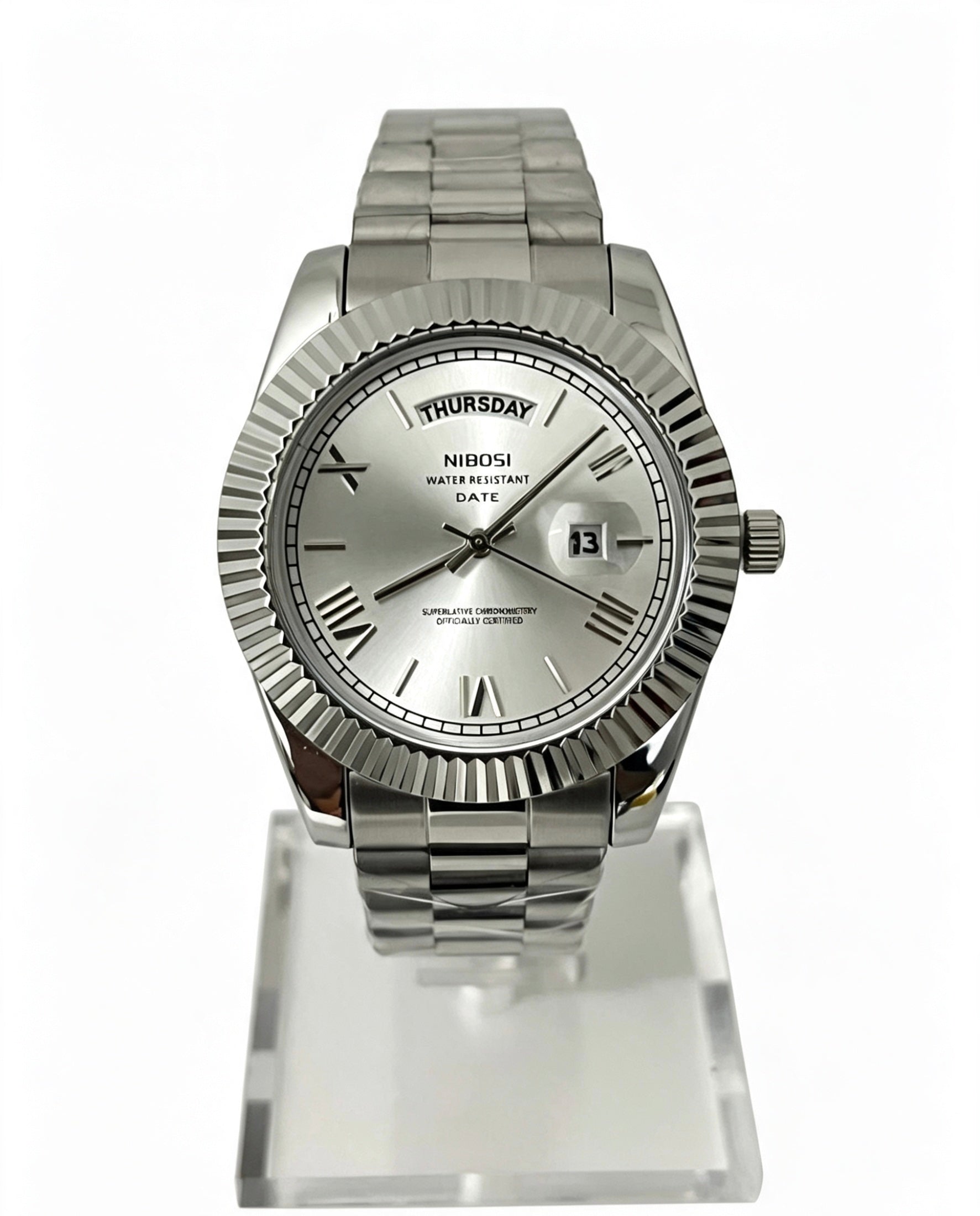 NIBOSI MENS DAY DATE WATCH - SILVER