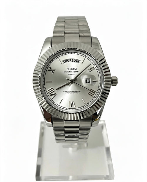 NIBOSI Mens Day-Date Watch — Silver Dial — Fluted Bezel — Stainless Steel