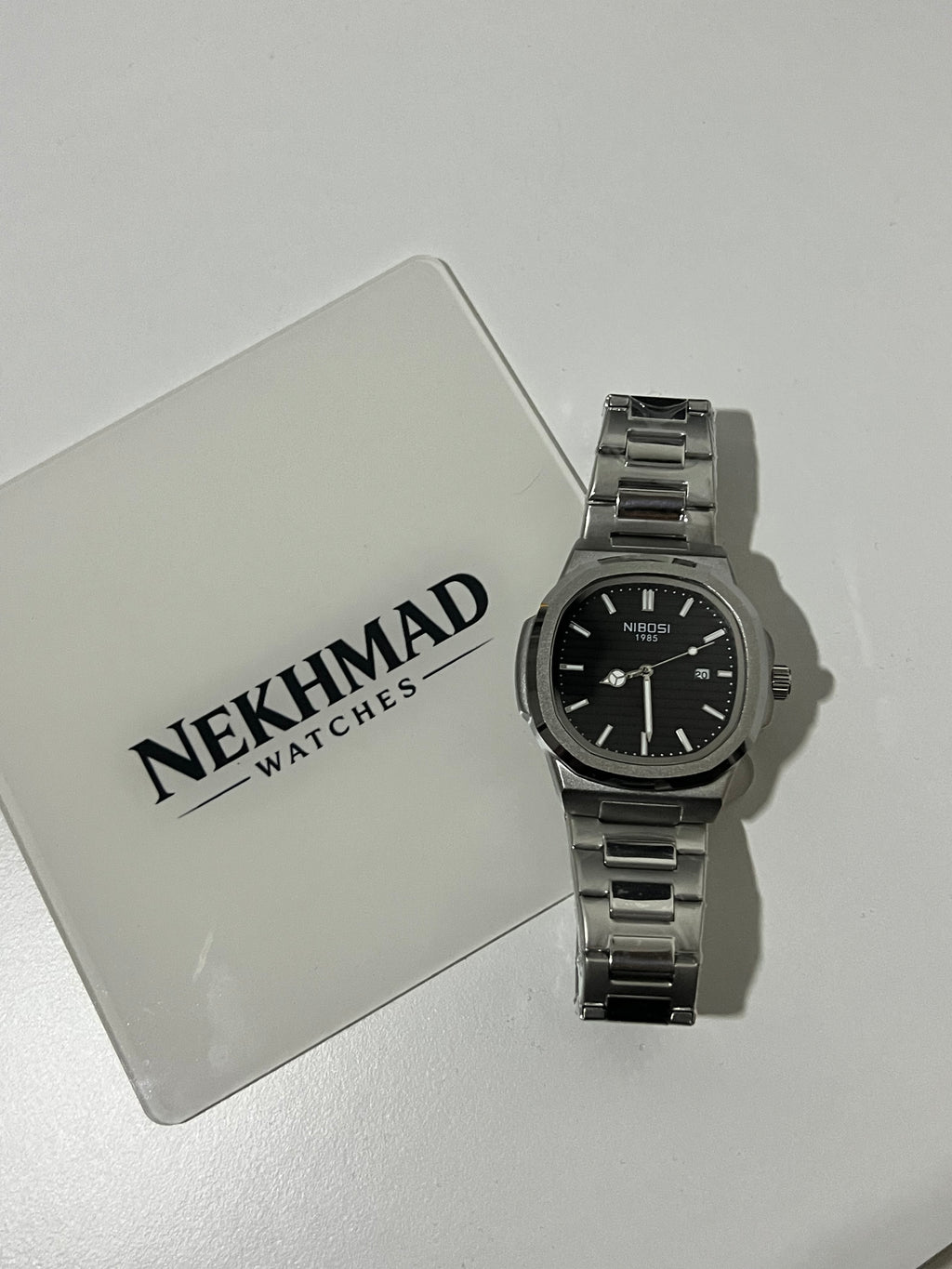 NIBOSI Mens Square Watch — Black Dial — Silver Stainless Steel — Business Luxury
