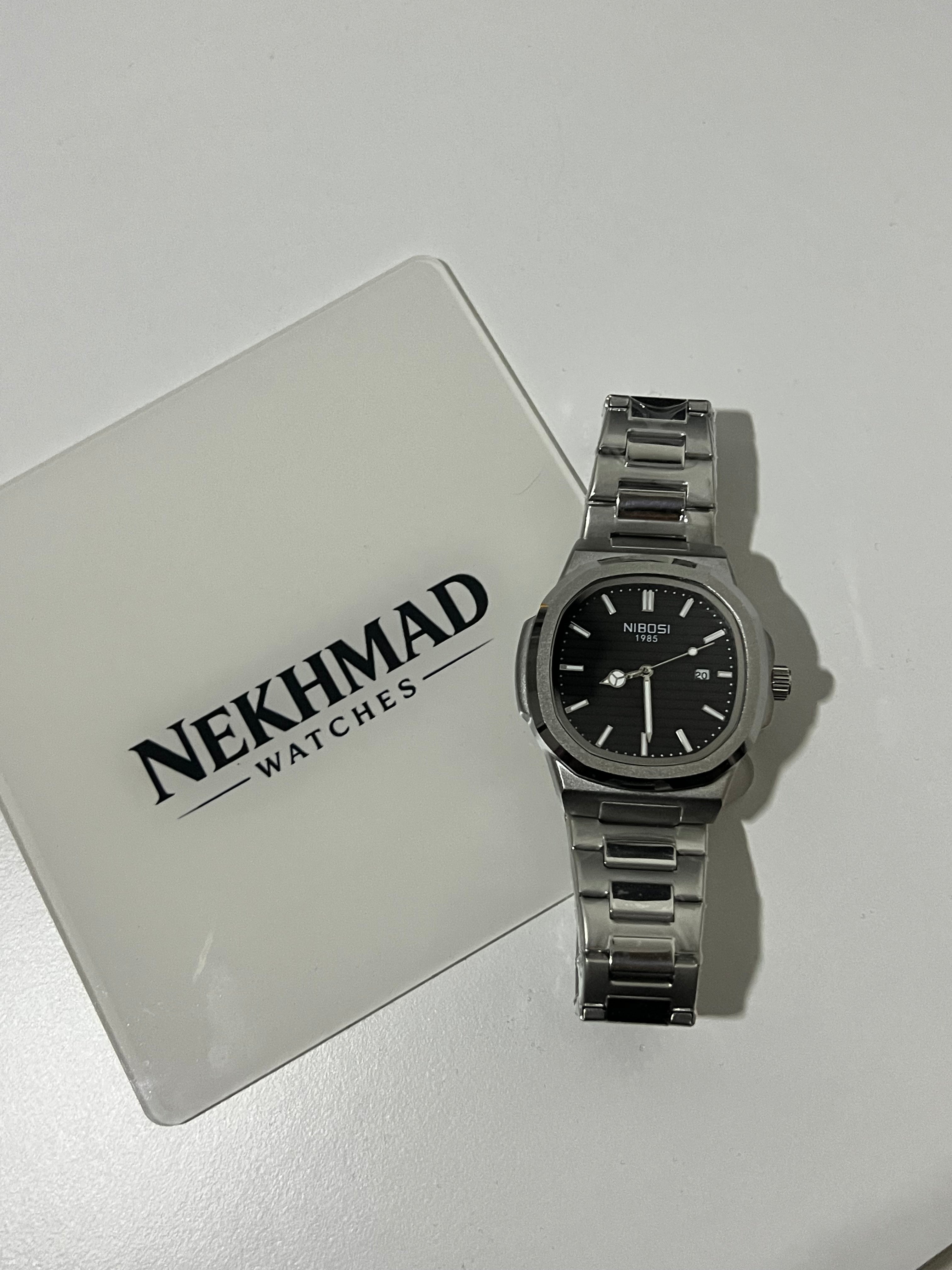 NIBOSI Mens Square Watch — Black Dial — Silver Stainless Steel — Business Luxury