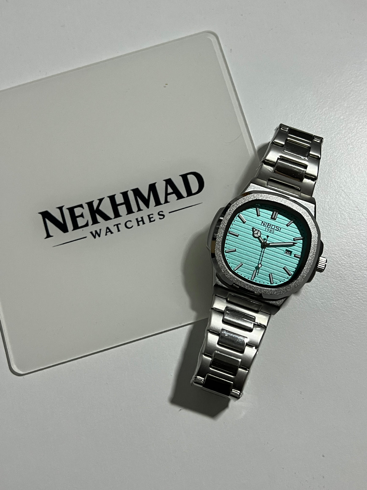 NIBOSI Mens Square Watch — Light Blue Mint Dial — Stainless Steel — Trendy Luxury