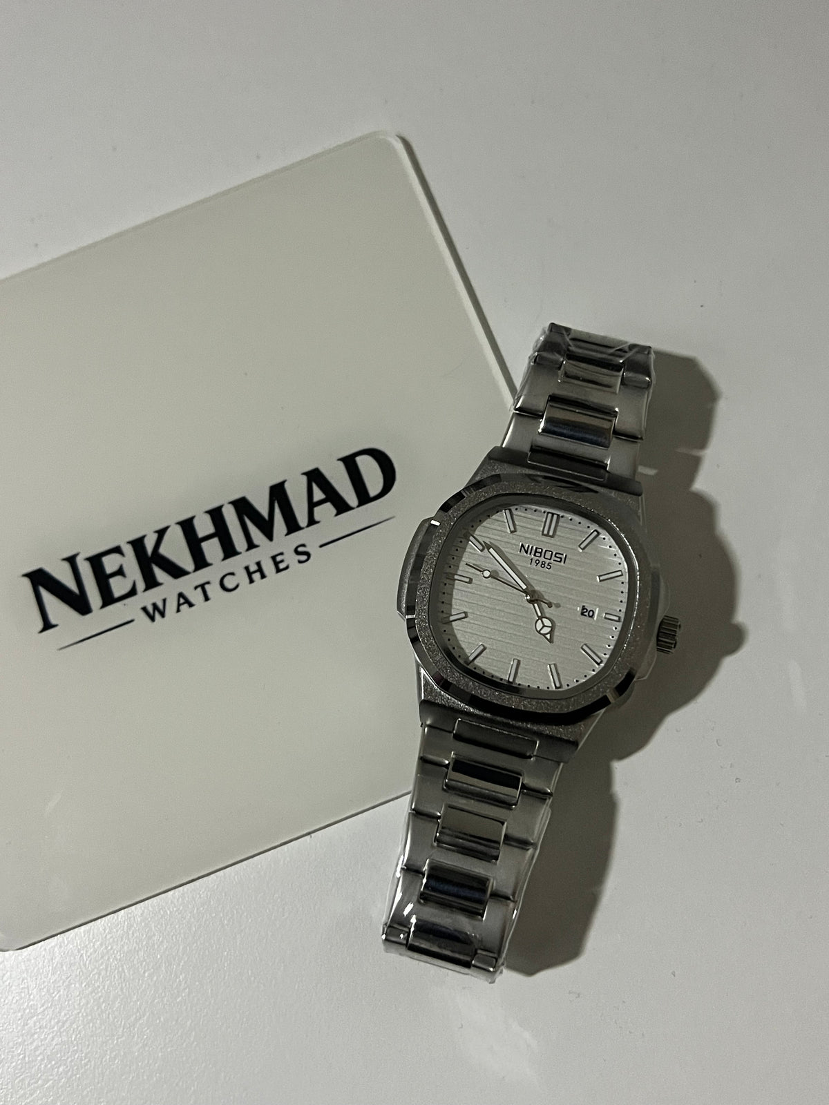 NIBOSI Mens Square Watch — White Dial — Silver Stainless Steel — Classic Business