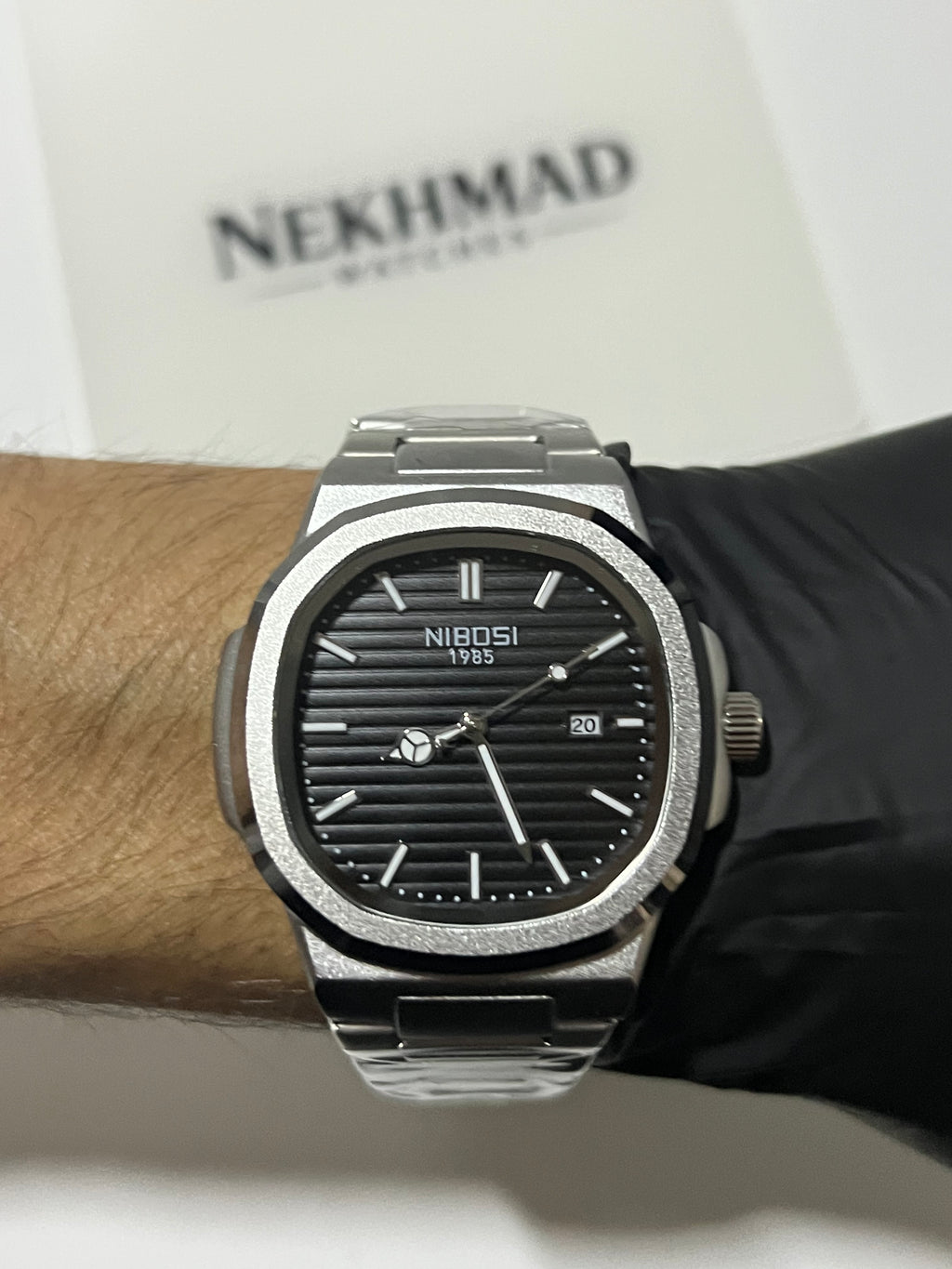 NIBOSI Mens Square Watch — Black Dial — Silver Stainless Steel — Business Luxury