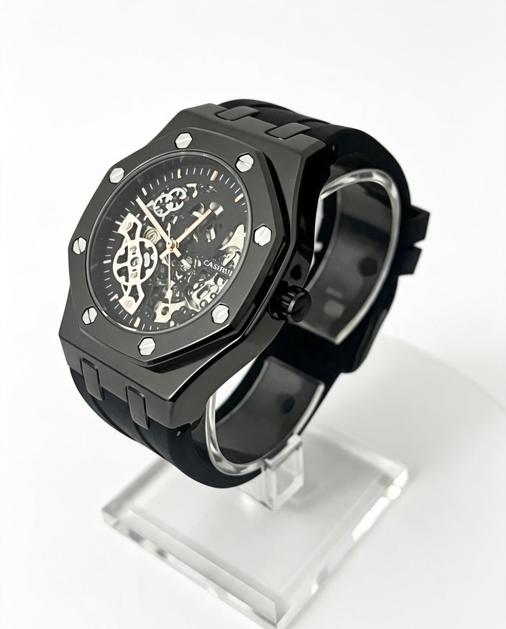 CASIRUI Mens Skeleton Watch — All Black — Rubber Strap — Automatic Mechanical