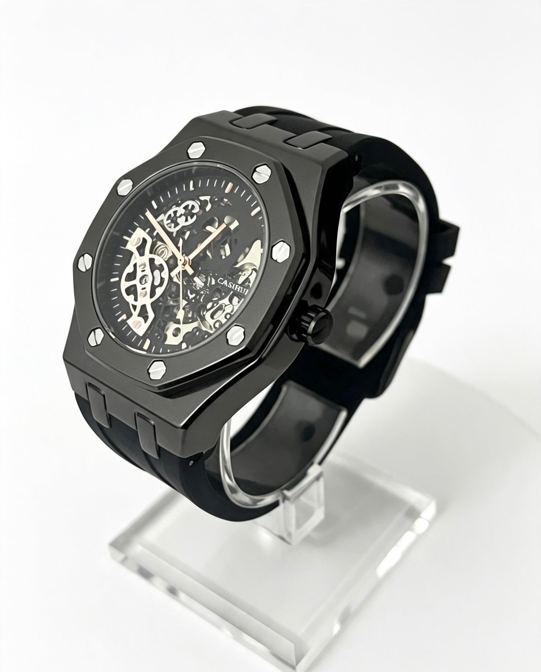 CASIRUI Mens Skeleton Watch — All Black — Rubber Strap — Automatic Mechanical