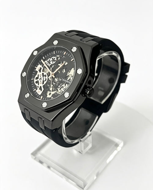 CASIRUI Mens Skeleton Watch — All Black — Rubber Strap — Automatic Mechanical