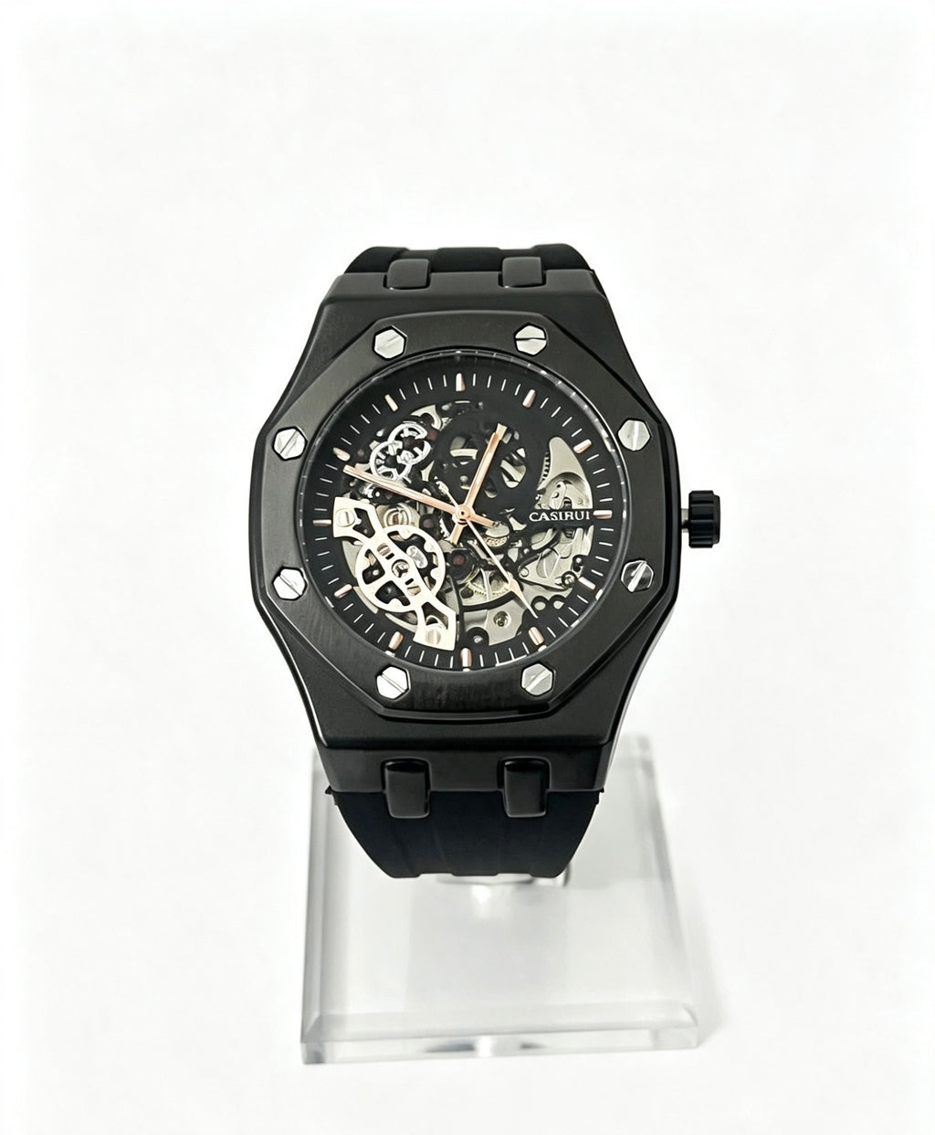CASIRUI Mens Skeleton Watch — All Black — Rubber Strap — Automatic Mechanical