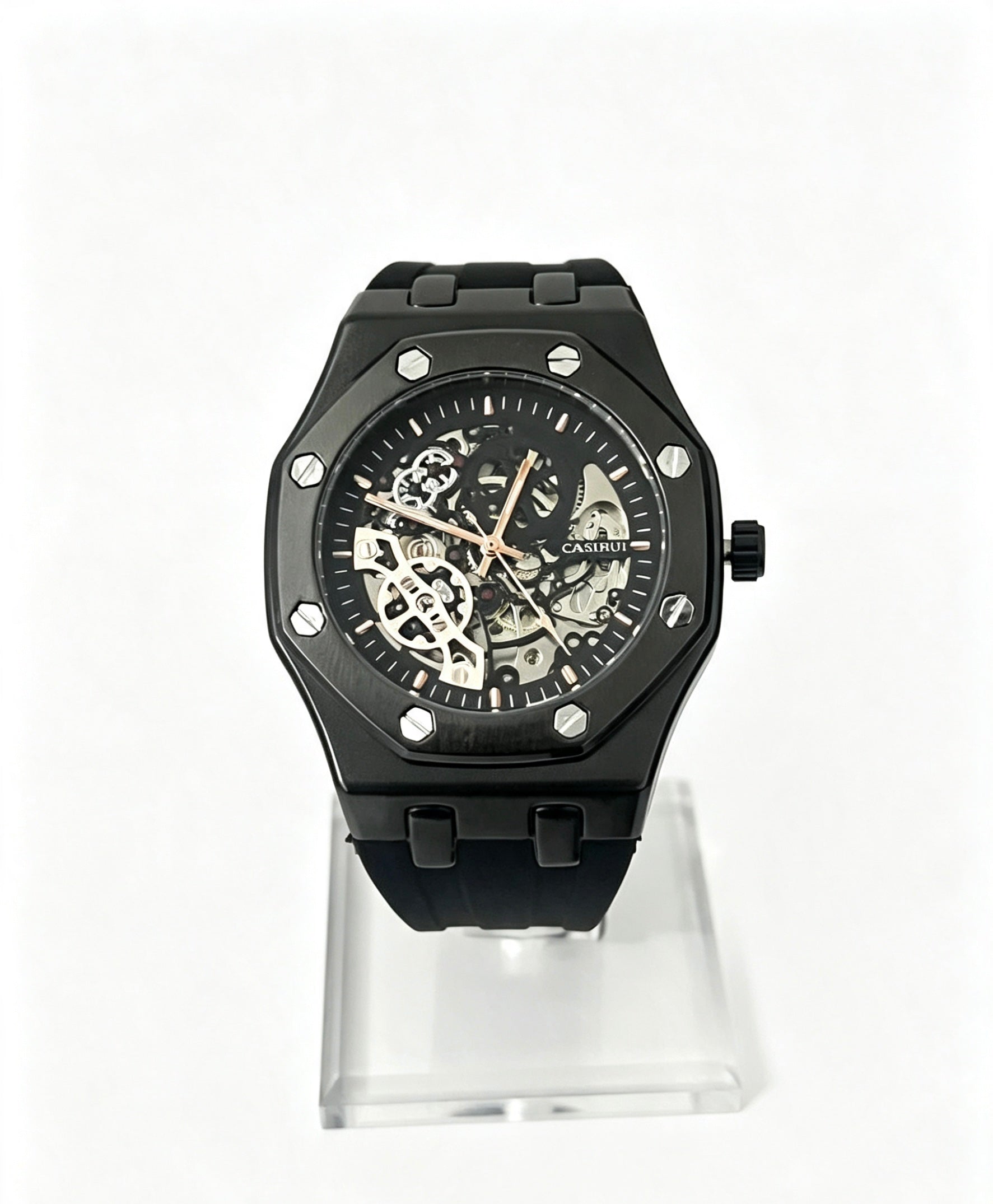 CASIRUI Mens Skeleton Watch — All Black — Rubber Strap — Automatic Mechanical