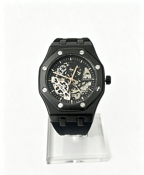CASIRUI Mens Skeleton Watch — All Black — Rubber Strap — Automatic Mechanical