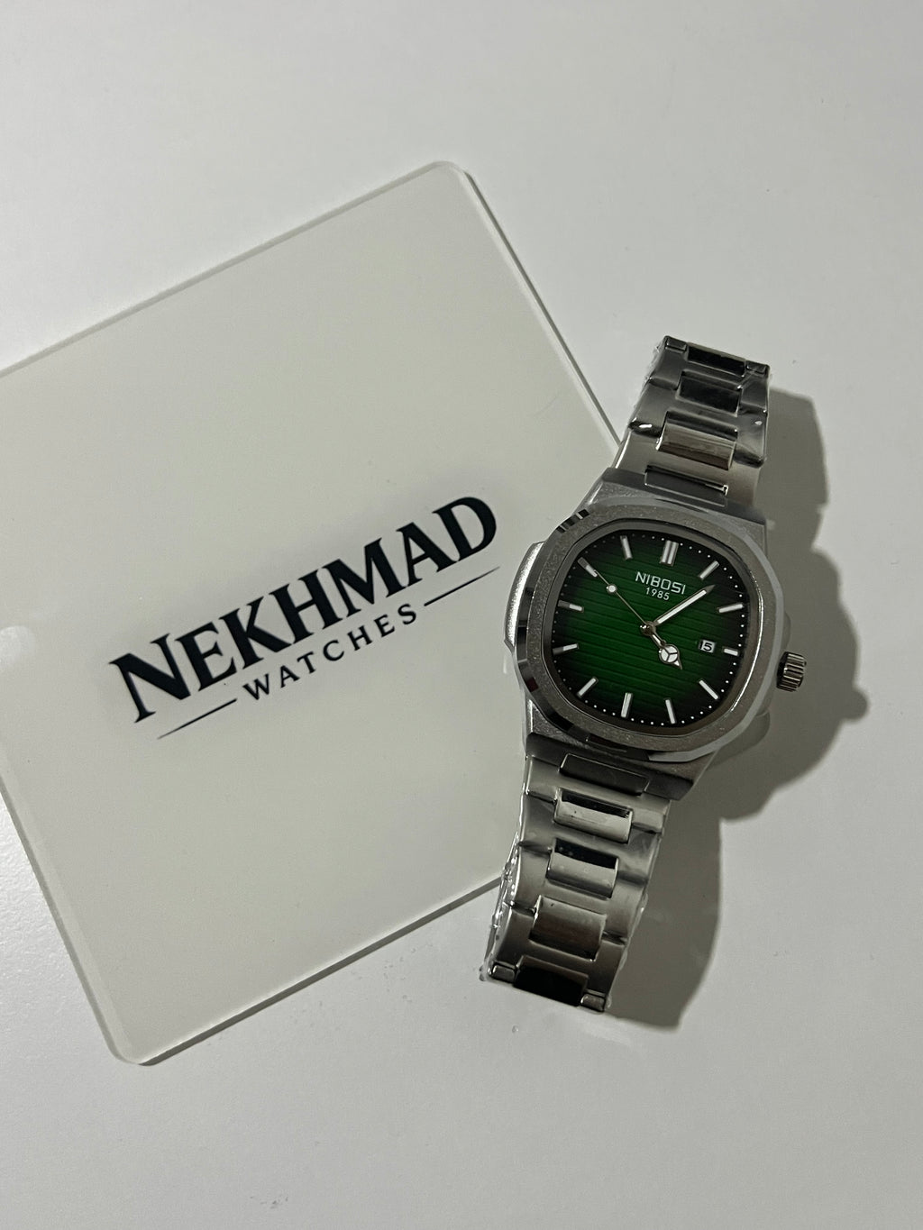 NIBOSI Mens Square Watch — Green Dial — Silver Stainless Steel — Bold Luxury