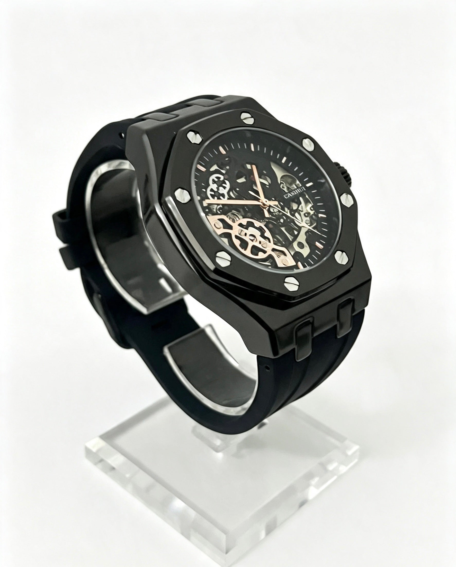 CASIRUI Mens Skeleton Watch — All Black — Rubber Strap — Automatic Mechanical
