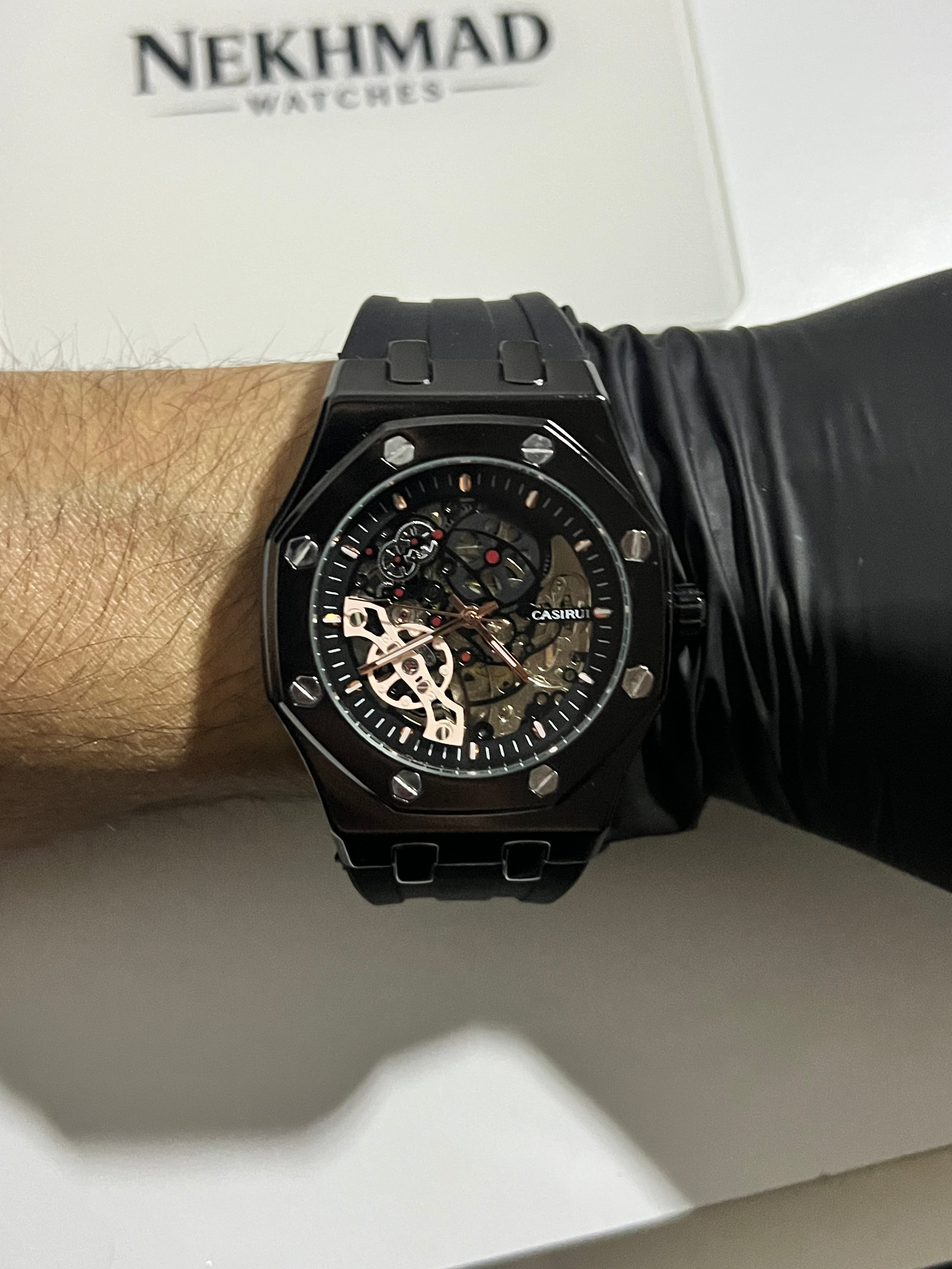 CASIRUI Mens Skeleton Watch — All Black — Rubber Strap — Automatic Mechanical