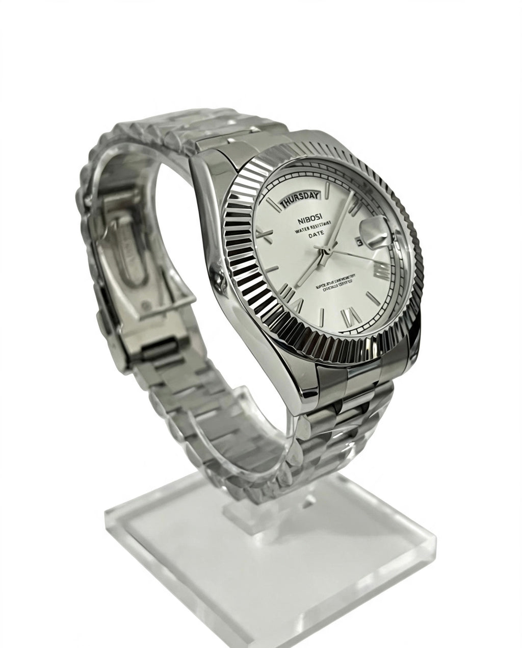 NIBOSI MENS DAY DATE WATCH - SILVER
