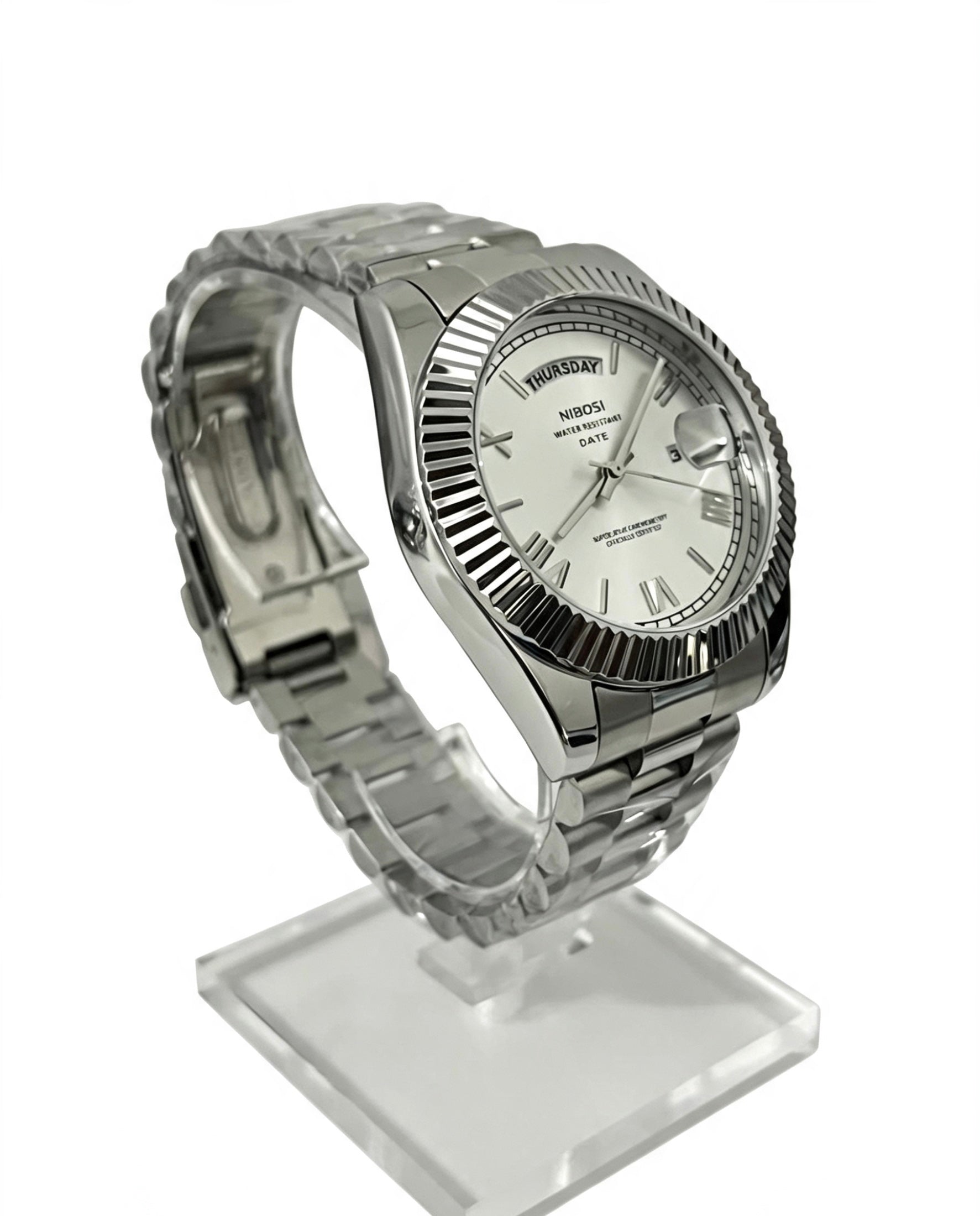 NIBOSI MENS DAY DATE WATCH - SILVER
