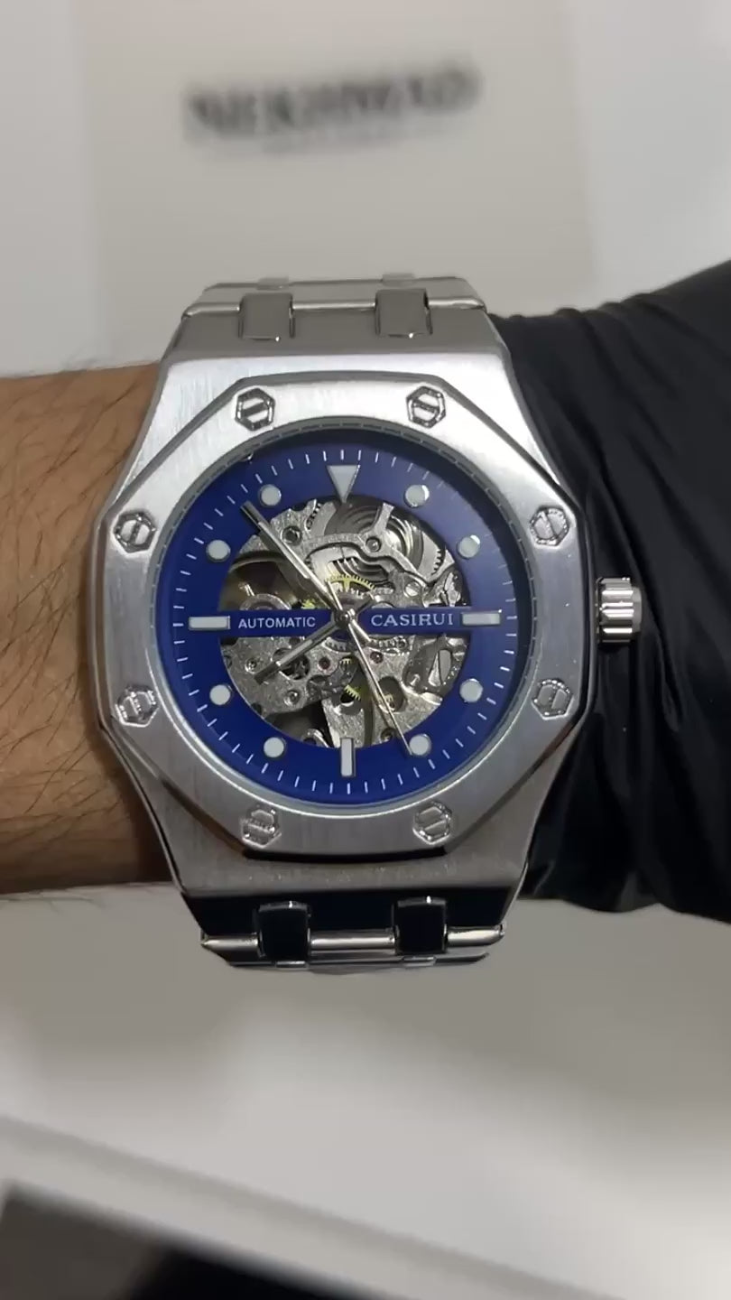 CASIRUI Mens Automatic Skeleton Watch — Silver Blue Dial — 42mm Stainless Steel