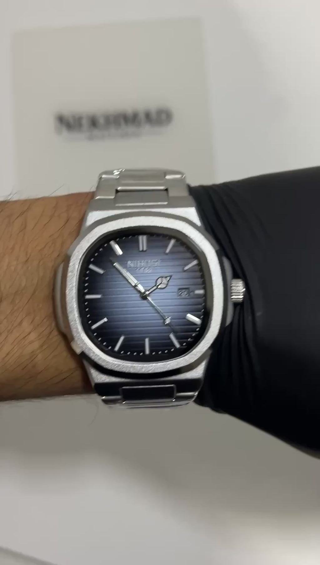 NIBOSI Mens Square Watch — Blue Dial — 43mm Stainless Steel