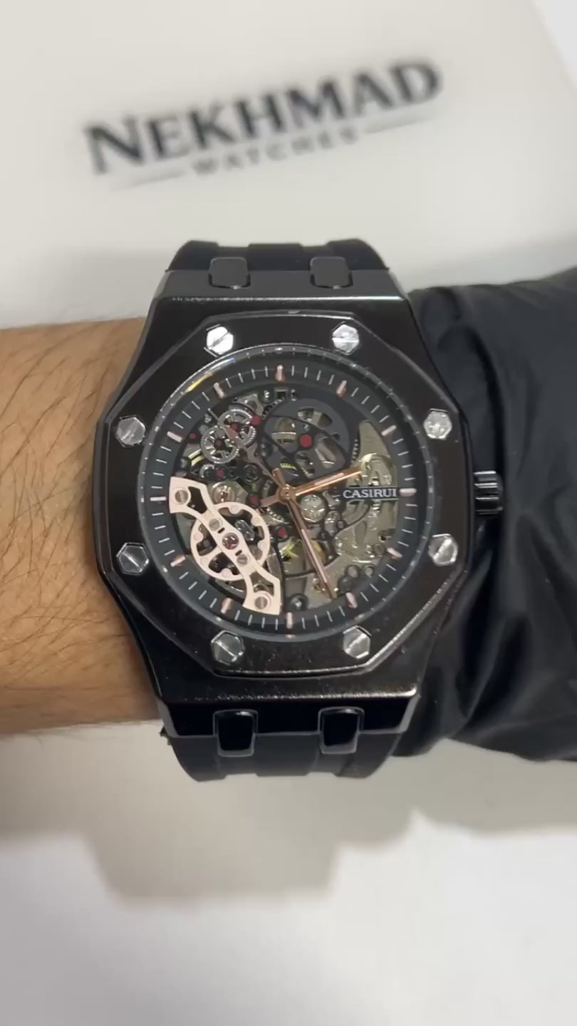 CASIRUI Mens Automatic Skeleton Watch — Black & Rose Dial — 42mm Black Rubber Strap