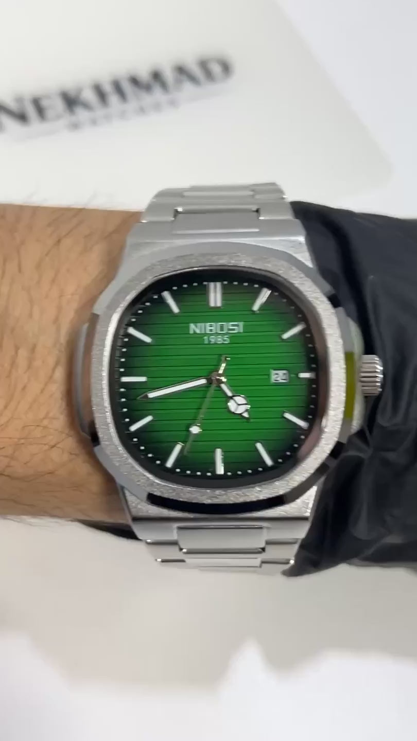 NIBOSI Mens Square Watch — Green Dial — 43mm Stainless Steel