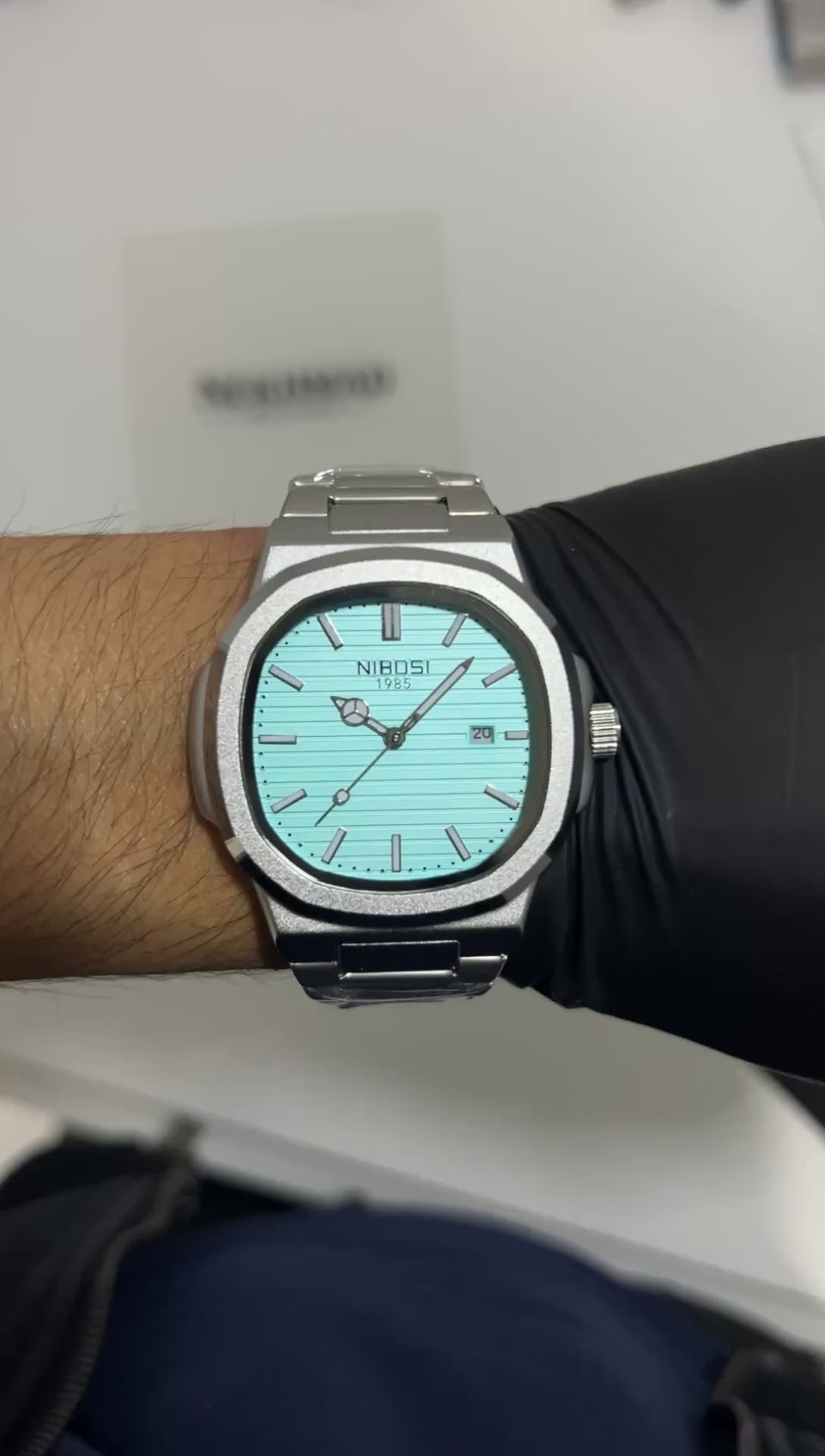 NIBOSI Mens Square Watch — Light Blue Mint  Dial — 43mm Stainless Steel
