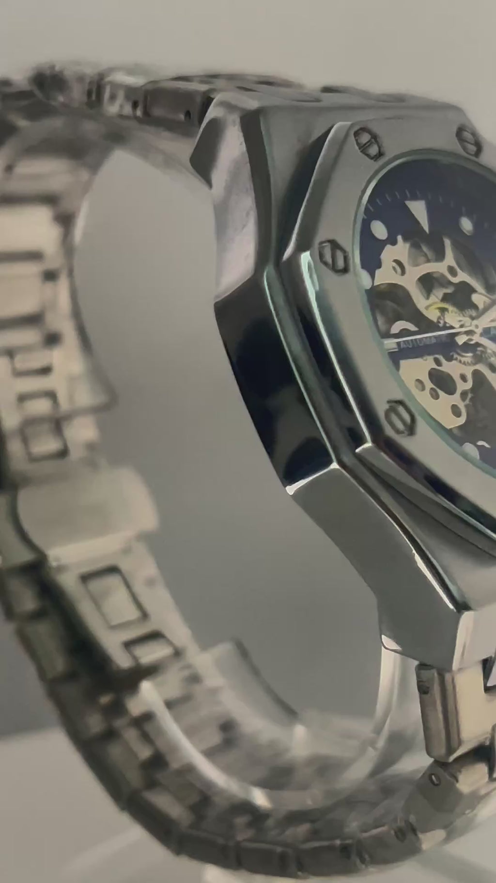CASIRUI Mens Automatic Skeleton Watch — Silver Blue Dial — 42mm Stainless Steel