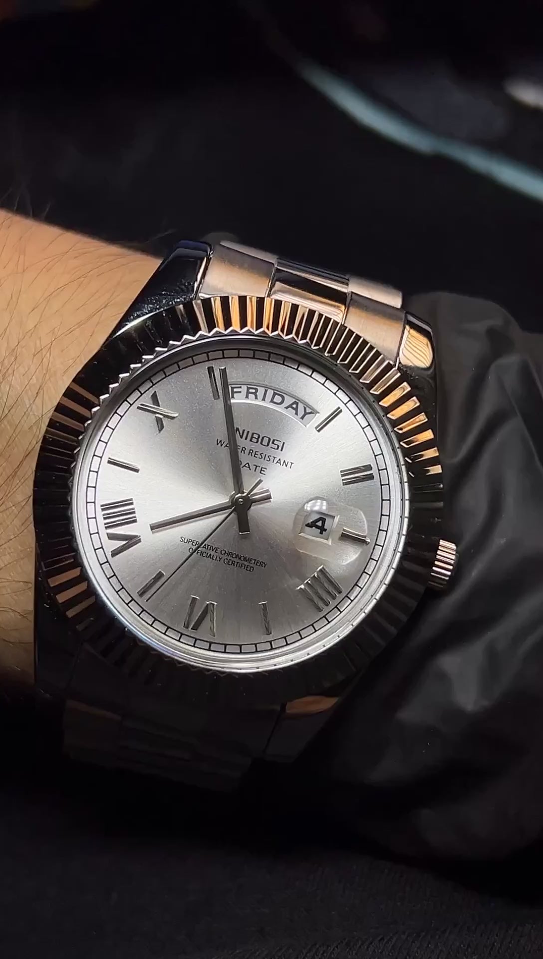 NIBOSI Mens Day-Date Watch — Silver Dial — 40mm Stainless Steel